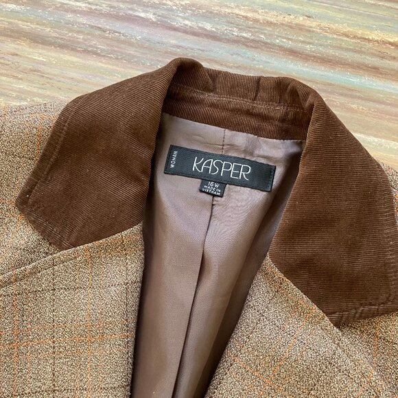 Kasper Brown Plaid Blazer Equestrian Jacket Contrast Collar Pockets Women's 16W - Picture 3 of 8